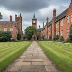 Classic UK university campus charm with lush green lawns, historic red brick buildings, cobblestone paths, and a clock tower under a cloudy British sky