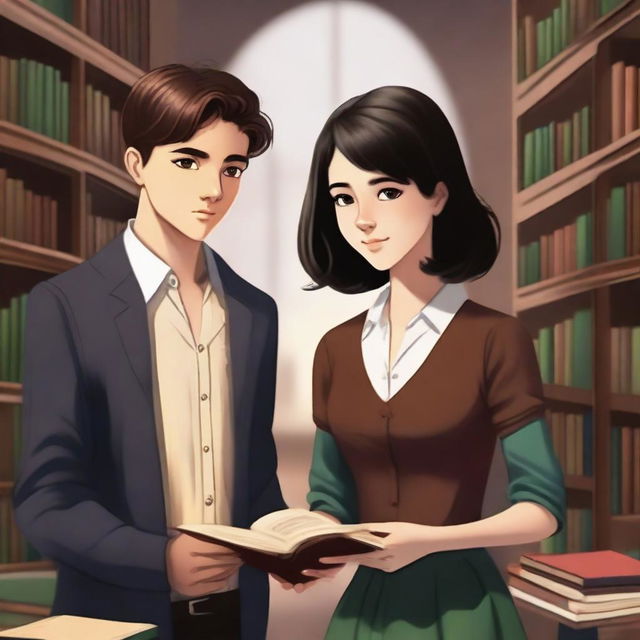 This digital art image is a detailed depiction of a library scene featuring a handsome 16-year-old boy with brown hair, dressed in the attire of a famous writer, and a beautiful 16-year-old girl with straight black hair, styled as a fashion designer