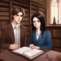 This digital art image is a detailed depiction of a library scene featuring a handsome 16-year-old boy with brown hair, dressed in the attire of a famous writer, and a beautiful 16-year-old girl with straight black hair, styled as a fashion designer