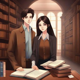 This digital art image is a detailed depiction of a library scene featuring a handsome 16-year-old boy with brown hair, dressed in the attire of a famous writer, and a beautiful 16-year-old girl with straight black hair, styled as a fashion designer