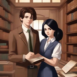 This digital art image is a detailed depiction of a library scene featuring a handsome 16-year-old boy with brown hair, dressed in the attire of a famous writer, and a beautiful 16-year-old girl with straight black hair, styled as a fashion designer