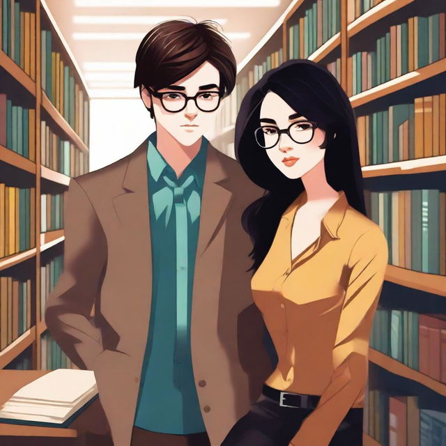 A vibrant digital art image illustrates a modern library scene involving a trendy 16-year-old boy with stylish brown hair, embodying the role of a famous writer, and a fashionable 16-year-old girl with sleek black hair, portraying a fashion designer