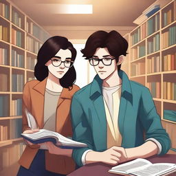 A vibrant digital art image illustrates a modern library scene involving a trendy 16-year-old boy with stylish brown hair, embodying the role of a famous writer, and a fashionable 16-year-old girl with sleek black hair, portraying a fashion designer