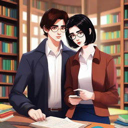 A vibrant digital art image illustrates a modern library scene involving a trendy 16-year-old boy with stylish brown hair, embodying the role of a famous writer, and a fashionable 16-year-old girl with sleek black hair, portraying a fashion designer