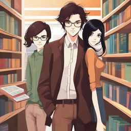 A vibrant digital art image illustrates a modern library scene involving a trendy 16-year-old boy with stylish brown hair, embodying the role of a famous writer, and a fashionable 16-year-old girl with sleek black hair, portraying a fashion designer