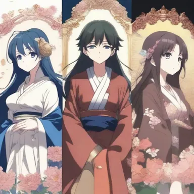 The triptych art in the opening credits of the anime series beautifully depicts the three main characters in different panels.