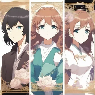 The triptych art in the opening credits of the anime series beautifully depicts the three main characters in different panels.