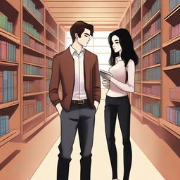 This digital art image portrays a contemporary library scene with a stylish 16-year-old boy, characterized by his modern brown hair and role as a famous writer, and a beautiful 16-year-old girl with trendy straight black hair, embodying a fashion designer