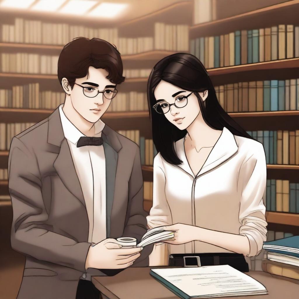 This digital art image portrays a contemporary library scene with a stylish 16-year-old boy, characterized by his modern brown hair and role as a famous writer, and a beautiful 16-year-old girl with trendy straight black hair, embodying a fashion designer