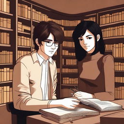 This digital art image portrays a contemporary library scene with a stylish 16-year-old boy, characterized by his modern brown hair and role as a famous writer, and a beautiful 16-year-old girl with trendy straight black hair, embodying a fashion designer