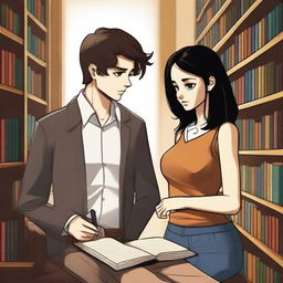 This digital art image portrays a contemporary library scene with a stylish 16-year-old boy, characterized by his modern brown hair and role as a famous writer, and a beautiful 16-year-old girl with trendy straight black hair, embodying a fashion designer