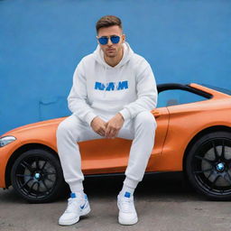 Generate a 3D illusion of a handsome 25-year-old lad in a white hoodie and sunglasses, sitting casually on an orange BMW M Series, wearing sneakers. He looks forward with 'Hassan' displayed prominently in blue neon lettering against a wall with the WhatsApp logo.