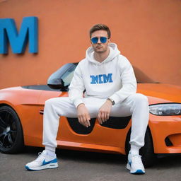 Generate a 3D illusion of a handsome 25-year-old lad in a white hoodie and sunglasses, sitting casually on an orange BMW M Series, wearing sneakers. He looks forward with 'Hassan' displayed prominently in blue neon lettering against a wall with the WhatsApp logo.