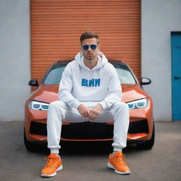 Generate a 3D illusion of a handsome 25-year-old lad in a white hoodie and sunglasses, sitting casually on an orange BMW M Series, wearing sneakers. He looks forward with 'Hassan' displayed prominently in blue neon lettering against a wall with the WhatsApp logo.