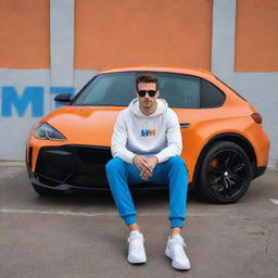 Generate a 3D illusion of a handsome 25-year-old lad in a white hoodie and sunglasses, sitting casually on an orange BMW M Series, wearing sneakers. He looks forward with 'Hassan' displayed prominently in blue neon lettering against a wall with the WhatsApp logo.