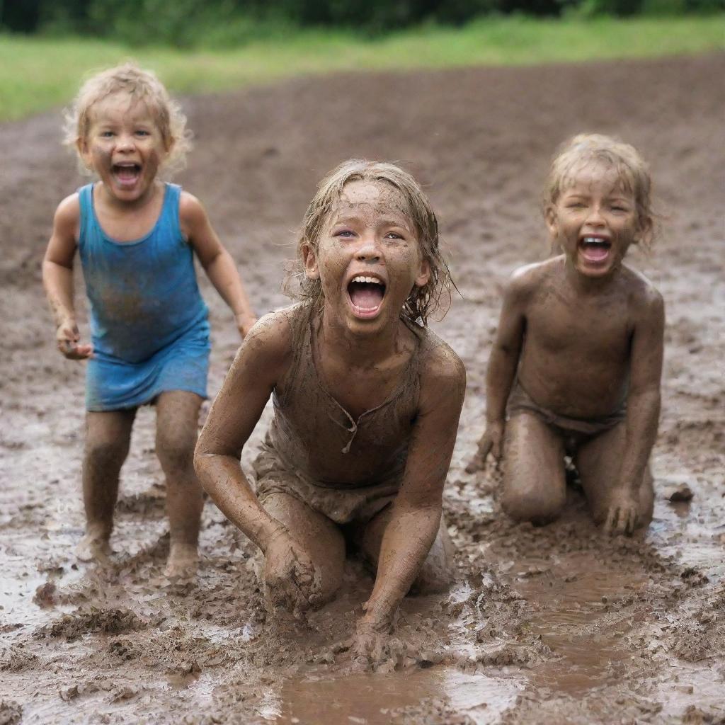 Joyful children playing in the mud, their faces smeared with dirt, while a shocked but amused mother watches on