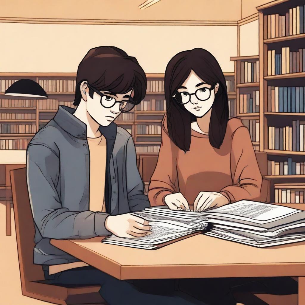 This digital art image captures a modern library scene with a 16-year-old boy, characterized by his streetwear style, modern brown hair, and role as a famous writer, alongside a 16-year-old girl, a renowned fashion designer, sporting trendy black hair