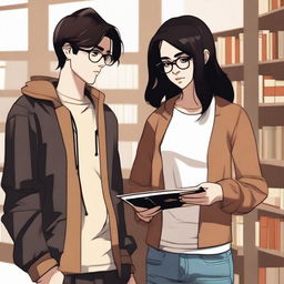 This digital art image captures a modern library scene with a 16-year-old boy, characterized by his streetwear style, modern brown hair, and role as a famous writer, alongside a 16-year-old girl, a renowned fashion designer, sporting trendy black hair