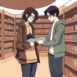 This digital art image captures a modern library scene with a 16-year-old boy, characterized by his streetwear style, modern brown hair, and role as a famous writer, alongside a 16-year-old girl, a renowned fashion designer, sporting trendy black hair