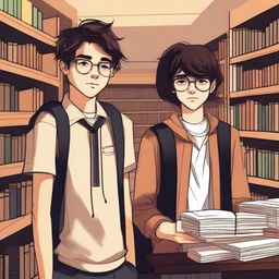 This digital art image captures a modern library scene with a 16-year-old boy, characterized by his streetwear style, modern brown hair, and role as a famous writer, alongside a 16-year-old girl, a renowned fashion designer, sporting trendy black hair