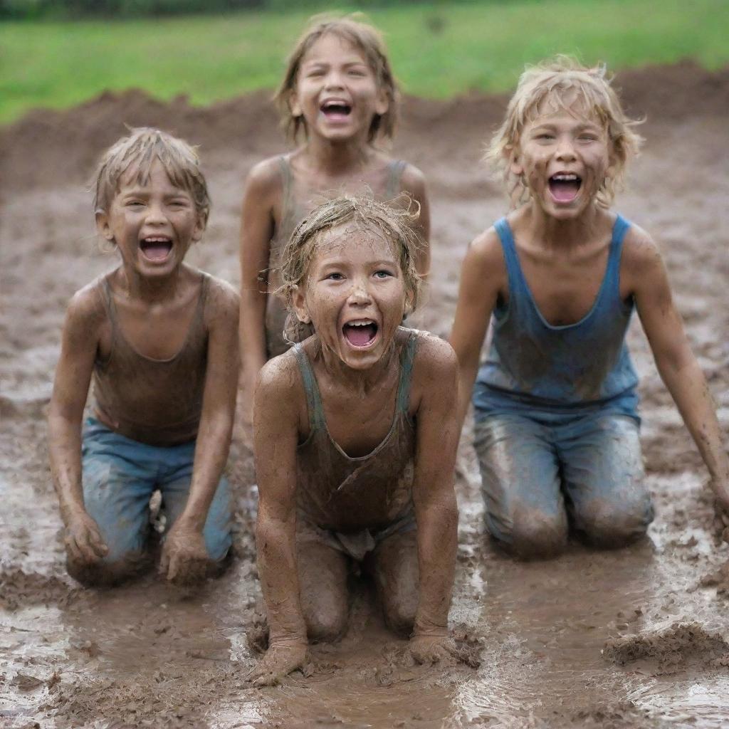 Joyful children playing in the mud, their faces smeared with dirt, while a shocked but amused mother watches on