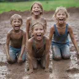 Joyful children playing in the mud, their faces smeared with dirt, while a shocked but amused mother watches on