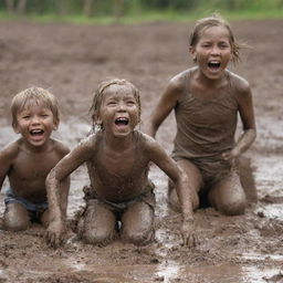 Joyful children playing in the mud, their faces smeared with dirt, while a shocked but amused mother watches on