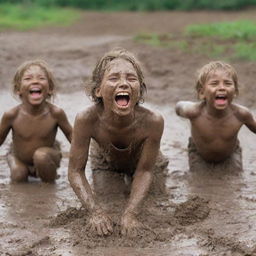 Joyful children playing in the mud, their faces smeared with dirt, while a shocked but amused mother watches on