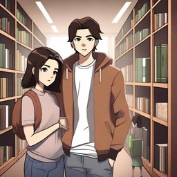 A high-quality digital art image vividly depicts a modern library scene featuring a 16-year-old boy with trendy brown hair, dressed in streetwear style, assuming the role of a famous writer