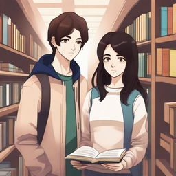 A high-quality digital art image vividly depicts a modern library scene featuring a 16-year-old boy with trendy brown hair, dressed in streetwear style, assuming the role of a famous writer