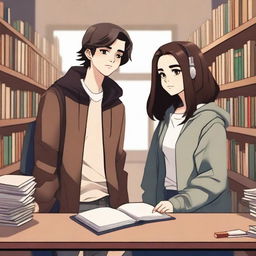 A high-quality digital art image vividly depicts a modern library scene featuring a 16-year-old boy with trendy brown hair, dressed in streetwear style, assuming the role of a famous writer