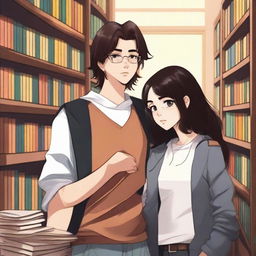 A high-quality digital art image vividly depicts a modern library scene featuring a 16-year-old boy with trendy brown hair, dressed in streetwear style, assuming the role of a famous writer