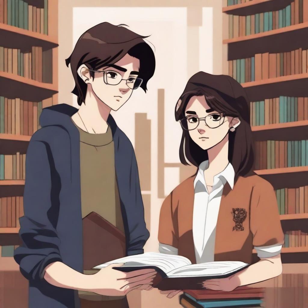 This digital art image presents a modern library scene featuring a 16-year-old boy, characterized by his brown hair in a contemporary style, dressed in streetwear, and embodying the persona of a famous writer