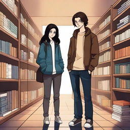 This digital art image presents a modern library scene featuring a 16-year-old boy, characterized by his brown hair in a contemporary style, dressed in streetwear, and embodying the persona of a famous writer