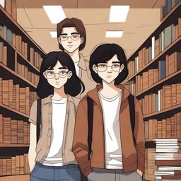 This digital art image presents a modern library scene featuring a 16-year-old boy, characterized by his brown hair in a contemporary style, dressed in streetwear, and embodying the persona of a famous writer