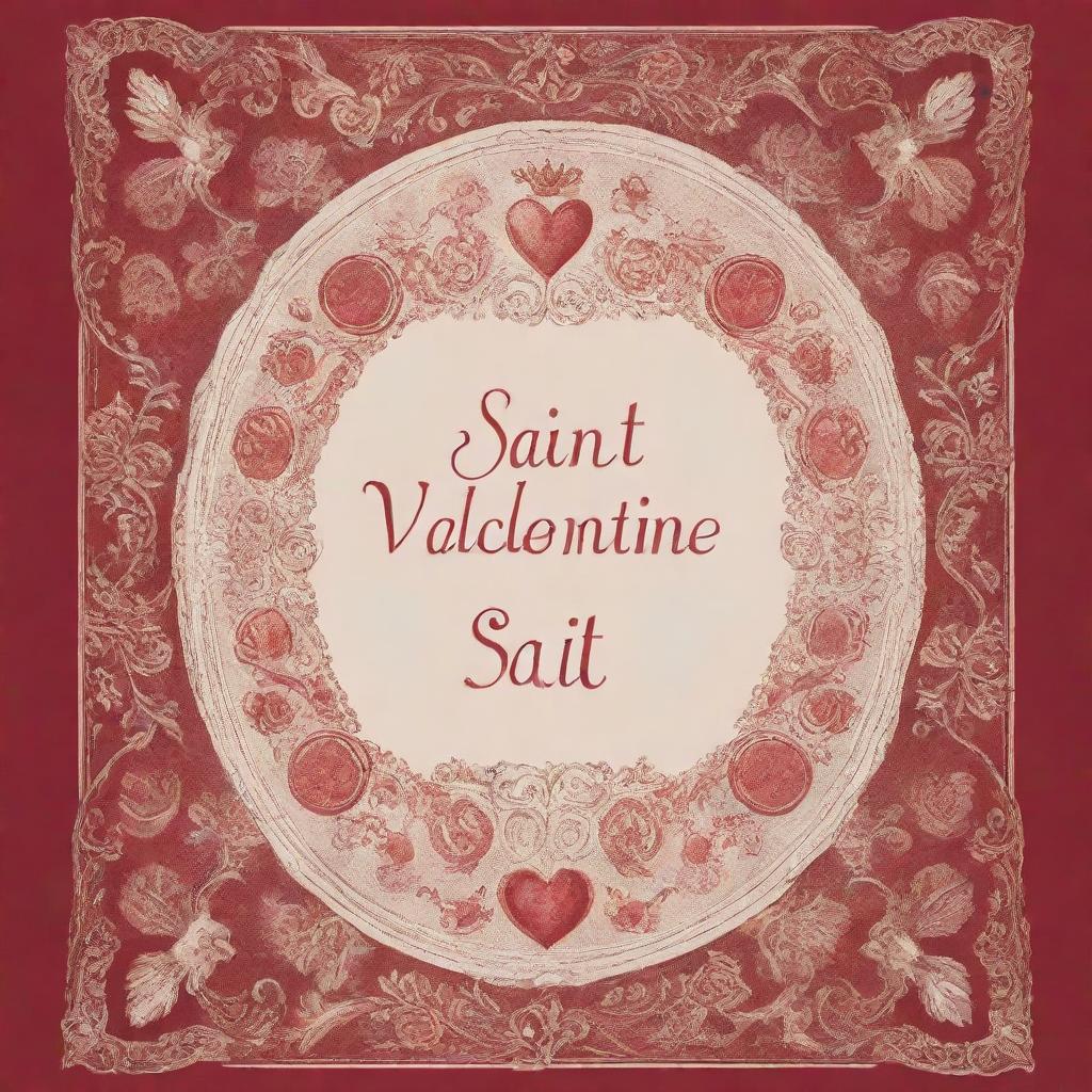 A book cover featuring the title 'Saint Valentine', include heavenly symbols, vintage romantic design elements and a strong, timeless font.