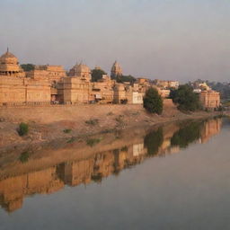 An evening view of the Indus River running through the city of Kalabagh in Punjab, Pakistan, reflecting the setting sun's hues, with traditional architecture and fauna in the foreground.