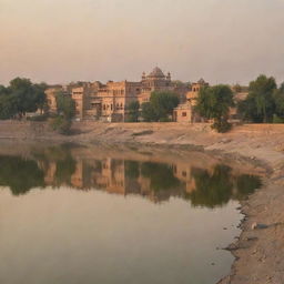 An evening view of the Indus River running through the city of Kalabagh in Punjab, Pakistan, reflecting the setting sun's hues, with traditional architecture and fauna in the foreground.