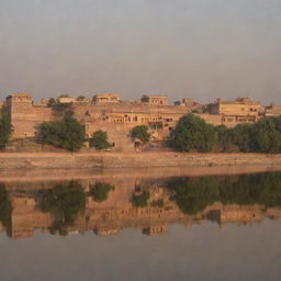 An evening view of the Indus River running through the city of Kalabagh in Punjab, Pakistan, reflecting the setting sun's hues, with traditional architecture and fauna in the foreground.