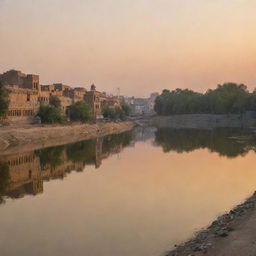 An evening view of the Indus River running through the city of Kalabagh in Punjab, Pakistan, reflecting the setting sun's hues, with traditional architecture and fauna in the foreground.