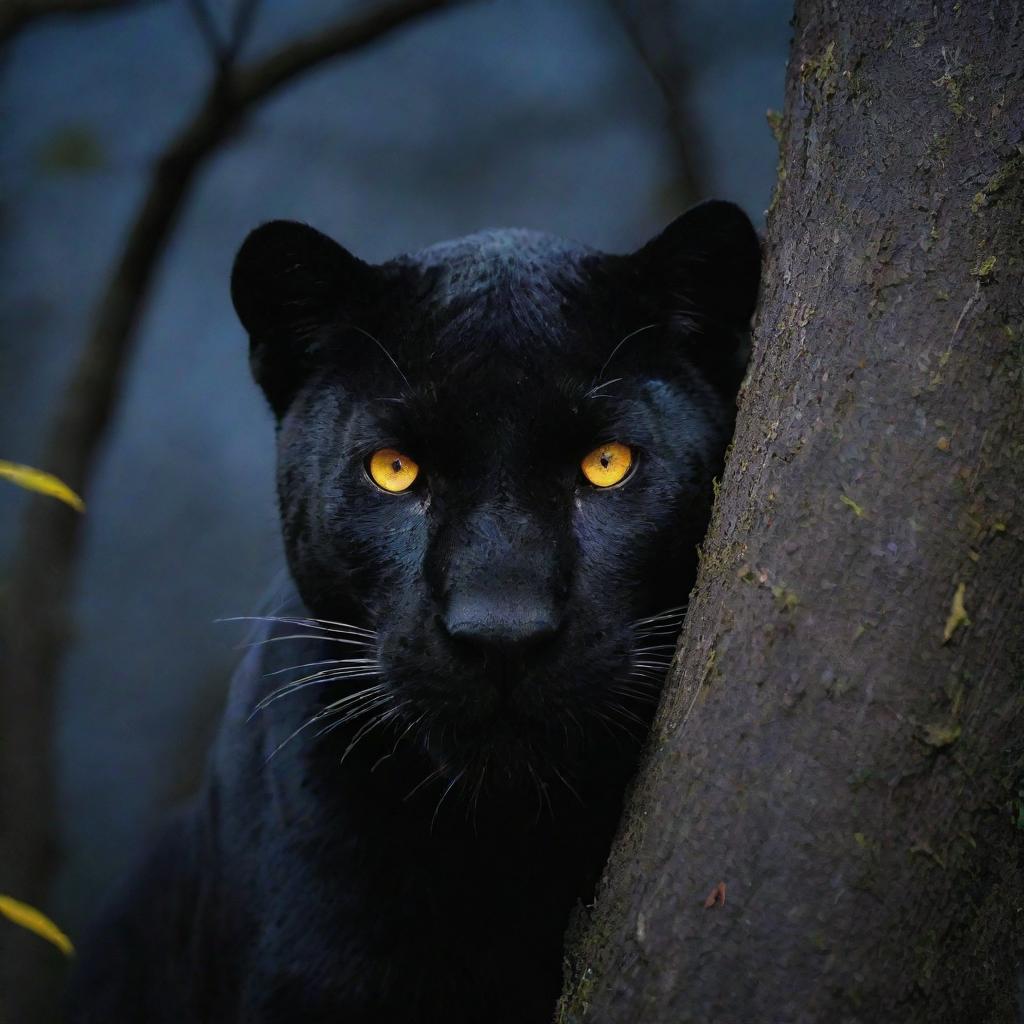 A black panther with striking yellow eyes peering from behind a tree in the depths of a moonlit night