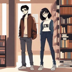 This digital art image portrays a contemporary library scene with a 16-year-old boy, characterized by his modern low taper fade brown hair, dressed in streetwear, and the persona of a famous writer