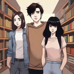 This digital art image portrays a contemporary library scene with a 16-year-old boy, characterized by his modern low taper fade brown hair, dressed in streetwear, and the persona of a famous writer