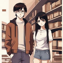 This digital art image portrays a contemporary library scene with a 16-year-old boy, characterized by his modern low taper fade brown hair, dressed in streetwear, and the persona of a famous writer