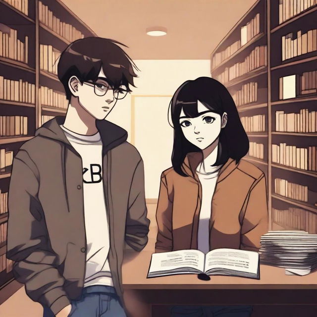 This digital art image portrays a contemporary library scene with a 16-year-old boy, characterized by his modern low taper fade brown hair, dressed in streetwear, and the persona of a famous writer