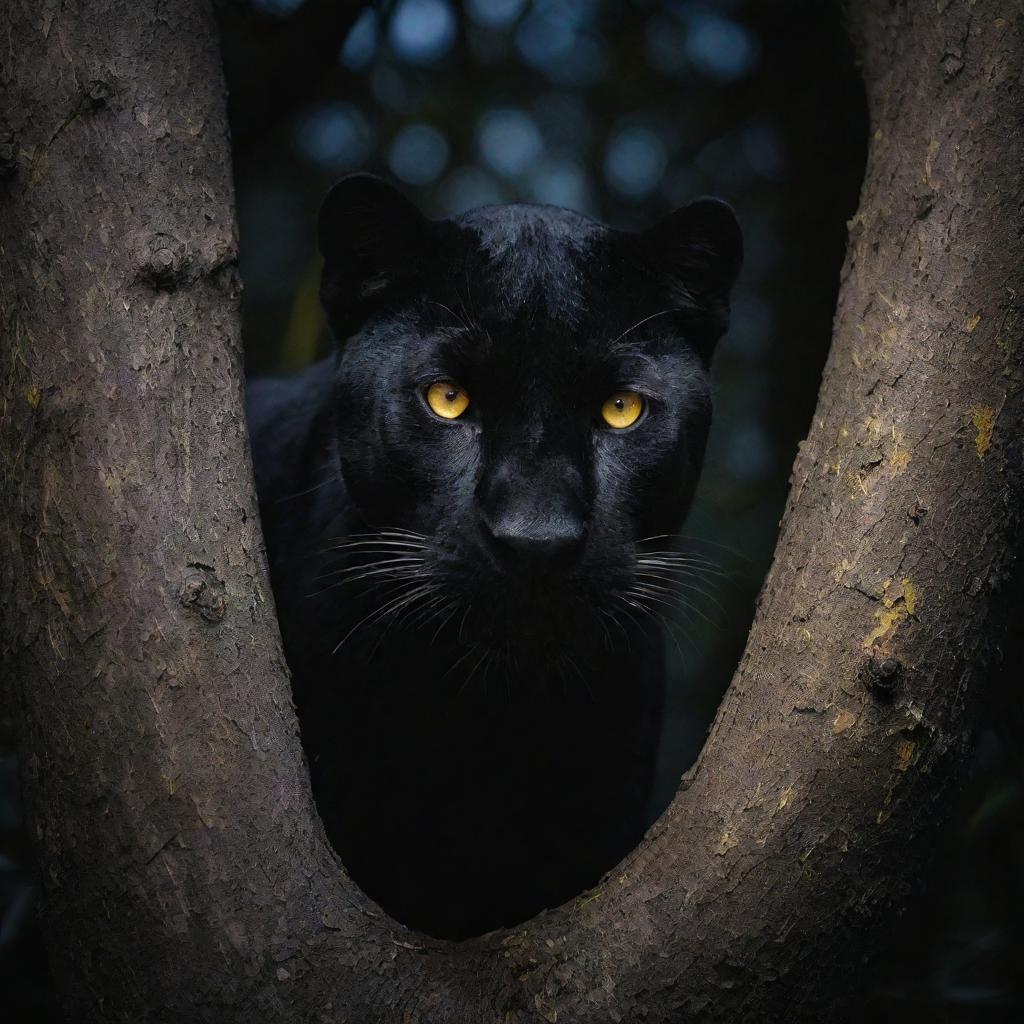 A black panther with striking yellow eyes peering from behind a tree in the depths of a moonlit night