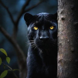 A black panther with striking yellow eyes peering from behind a tree in the depths of a moonlit night