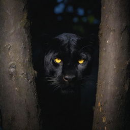 A black panther with striking yellow eyes peering from behind a tree in the depths of a moonlit night