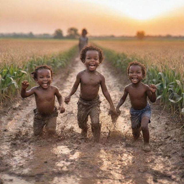 Cheerful black children playing in mud under a sunrise, with a backdrop of a maize and wheat field. A surprised mother watches their messy play.