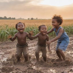 Cheerful black children playing in mud under a sunrise, with a backdrop of a maize and wheat field. A surprised mother watches their messy play.